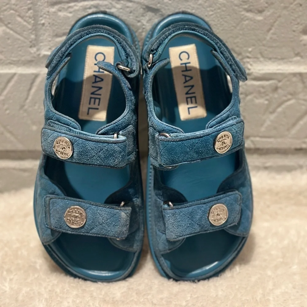 Chanel C2021 Blue Suede Dad Sandals Size 36